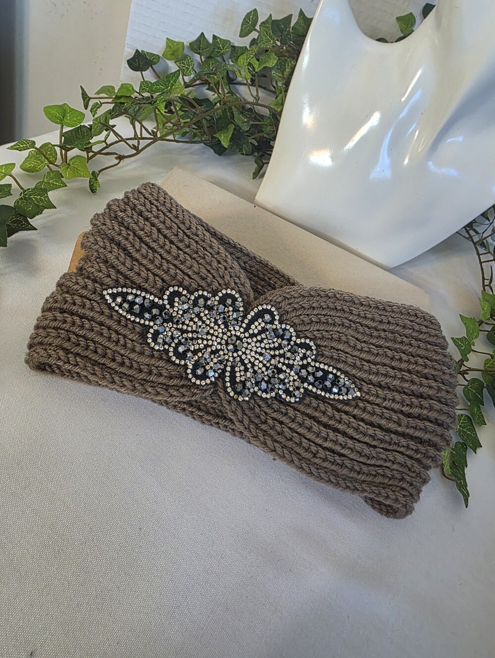 Rhinestone Beaded Embellished Knit Headband Ear Warmer Taupe Brown Winter NWT